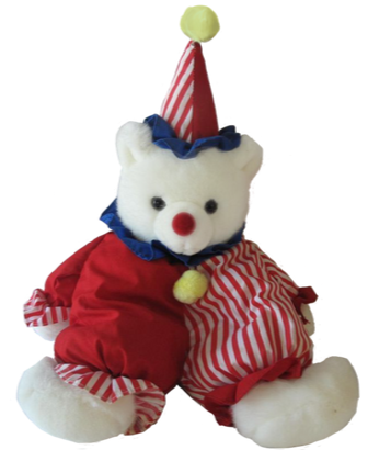 a stuffed animal bear dressed up as a clown!