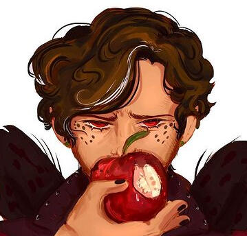 fanart of content creator grizzlyplays. this is their character from the slimecicle cinematic universe. this art depicts him holding an apple in front of his face, a bite having been taken out of it. grizzly looks worried and / or fearful, eyebrows knitted